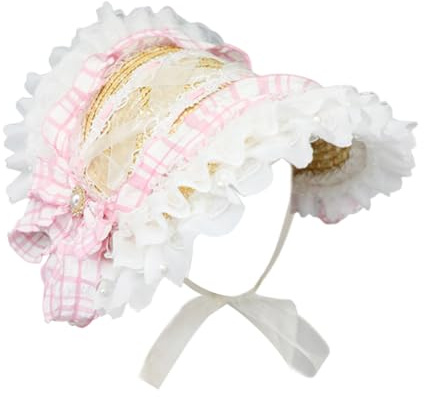 Besforta Gorro plano estilo Lolita victoriano para niñas y mujeres, sombrero de paja para fiesta de té, sombrero de encaje, lazos de flores, sombreros de paja