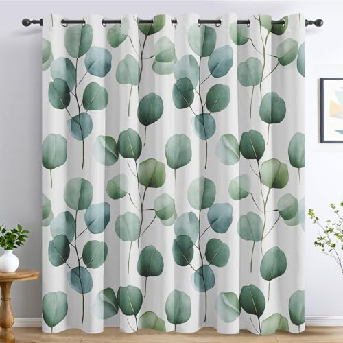 Generisch Vorhänge Eukalyptus Blatt, Botanische Aquarell Blätter Vorhang Blickdicht Schlafzimmer Wohnzimmer, Verdunklungsvorhänge, Gardinen mit Ösen 2er Set, H166 X B75 cm E-D14
