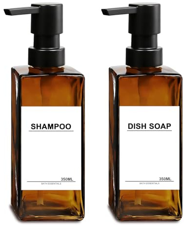 2STK Seifenspender Glas Braun 350ml Shampoo Flaschen zum Befüllen Modern Spülmittelspender Küche Duschgel Spender Pumpkopf Kunststoff, Pumpflasche Shampoo für Dusche Badezimmer