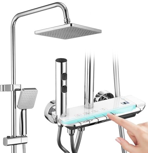 HOMELODY Duscharmatur Komplettset mit Glasablage - Regendusche mit Armatur und Edelstahl, Duscharmatur mit Klavierknopf, 4 Strahlarten mit Wasserfall-Auslauf, Duschgarnitur mit Regendusche Chrom
