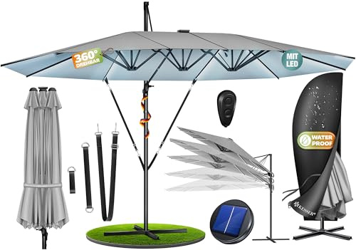 KESSER® Parasol double 4,6 m x 2,7 m | Housse de parasol déporté et coupe-vent avec manivelle et support | Parasol à manivelle en aluminium imperméable | Inclinable, inclinable et rotatif à 360°, Gris