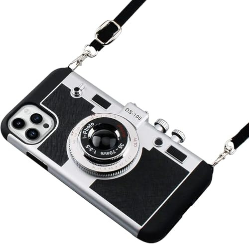 Camera Design phone case for iPhone 13-17Vintage 3D Cute Silicone Cover with Removable Neck Strap, Camera Protection & Lanyard for Women Girls (Black) (iPhone 17 pro max)