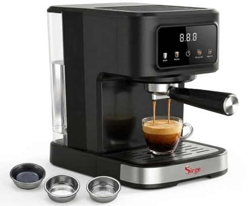Sirge Macchina Caffè Espresso 20 Bar Digitale 3 Filtri | Cappuccino, Cialde ESE44 e Macinato, Display AutoStop