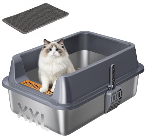 Hzuaneri kattlåda rostfritt stål XXL, 60 × 40 × 26 cm, kattlåda med hög kant, med XL-matta, spade, lätt att rengöra, kattlåda non-stick-belagd och läckagesäker, mörkgrå LB89799G