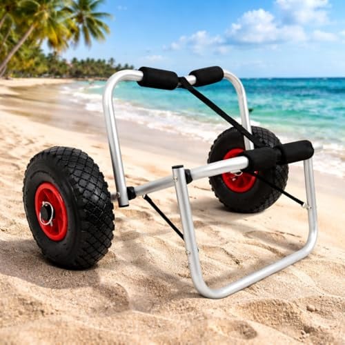 Monucep Carrello per Kayak in Alluminio, fino a 100 kg di Capacità, con 2 x 26 cm Ruote in PU e Cintura di Fissaggio in PP, Carrello Pieghevole per il Trasporto di Kayak, Canoa e SUP