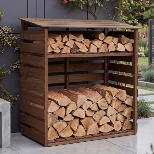 Mendler Brennholzlager HWC-Q16 121x122x61cm Holz - Dunkelbraun | Kamin-/Feuerholzregal, Holzlager, Holzunterstand, Ablage, Tanne, FSC®