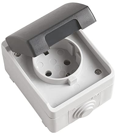 Amig - Base de Enchufe Schuko Simple de Sobreponer Estanca IP54 con Tapa Mod.3600 - Voltaje Máx 230V - Anti Humedad Apta para Exterior e Interior - Ideal para Terrazas, Jardines, Garajes o Trasteros
