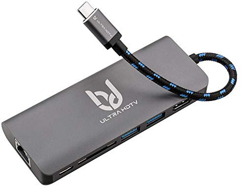 Ultra HDTV Hub multifunzione USB-C, sofisticato Hub dati di tipo C con caricatore da 60 W PD, slot disponibili 1x presa HDMI, 2x USB 3.0, 1x SD-Card, 1x USB-C e 1x LAN, Spazio grigio
