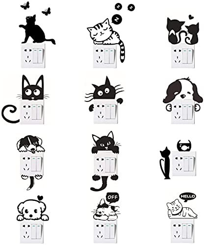 EQLEF Etiquetas engomadas del Interruptor de la Pared, Etiquetas engomadas del Interruptor de la luz del Perro del Gato Etiquetas engomadas Animales Divertidas 12 PCS