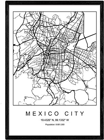 Karte der Stadt Mexico City City Nordic Style in Schwarzweiss. Poster A3 Größe mit schwarzem Rahmen gedruckt Papier 250 gr. Bilder, Bettwäsche und Poster für Salon und Schlafzimmer