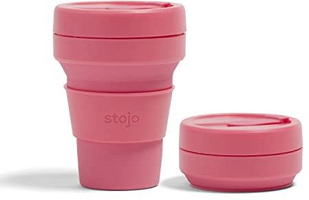 STOJO Faltbarer Kaffeebecher für unterwegs, 355 ml, wiederverwendbarer und faltbarer Silikon-Reisebecher mit Deckel, tragbar, Taschenformat, spülmaschinenfest, Pfingstrose