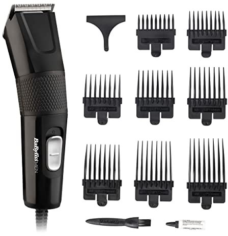 Babyliss 7755U Tondeuse à cheveux pour homme, lames tranchantes en acier inoxydable, 8 guides de peigne, alimentation secteur, coiffures à la maison, peigne inclus, lisse et précis, noir