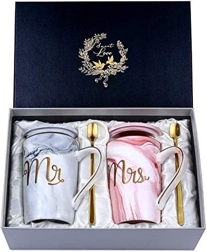 Hochzeitsgeschenke für Brautpaar, Mr und Mrs Geschenk für Braut und Bräutigam, Jubiläumsgeschenk, Kaffeetassen Tassen Set Keramik Marmor 14 Oz für Hochzeit, Verlobungen