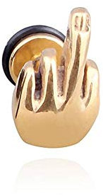 BlackAmazement Fake Plug Ohrstecker Barbell 316L Edelstahl gestreckter Mittelfinger gezeigter Finger Silber Gold Schwarz Punk Damen Herren (Gold)