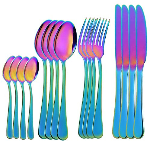 OBR KING 16-teilig Besteck Set Edelstahl Cutlery Inklusive Löffel Messer und Gabeln Besteckset Service für 4, Regenbogen