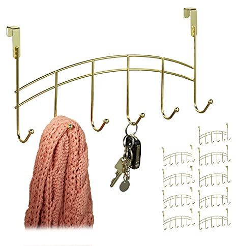 Relaxdays 10 x Türgarderobe, 6 Haken, zum Einhängen, Metall, Türhakenleiste Flur, Schlafzimmer, Bad, HxBxT: 20 x 40 x 9 cm, gold