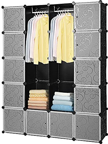 EINFEBEN Garderobe Kleiderschrank, 20 Würfel DIY Regalsystem Kleiderschrank Offen Kunststoff Garderobe mit Türen Garderobenschrank Schwarz 180 x 142 x 37CM