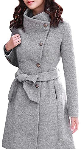 Womens Winter Warm Wool Pea Coat Jacket Plus Size Stand Collar Long Sleeve Belted Mid Long Trench Coats Outwear