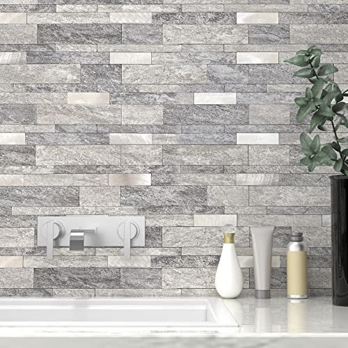 VAOVI Piastrelle autoadesive lineari effetto marmo, piastrelle da parete in pietra di mattoni, impermeabili, opachi, resistenti al calore, per camino, mosaico (grigio, 5 fogli)