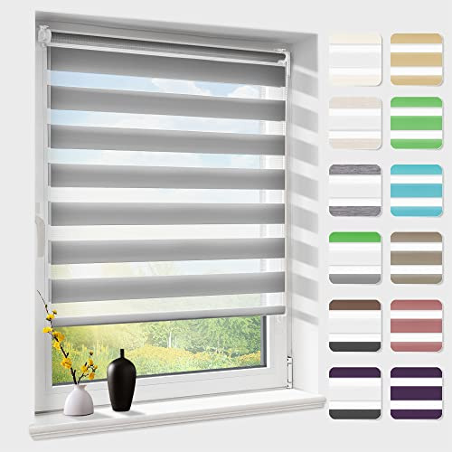 Doppelrollo klemmfix ohne Bohren, Duo Rollos für Fenster & Tür mit Bohren, Version 2026 Grau B105 x H130cm (Stoffbreite 105 cm), Fensterrollo lichtdurchlässig & verdunkelnd, Klemmrollo Sonnenschutz
