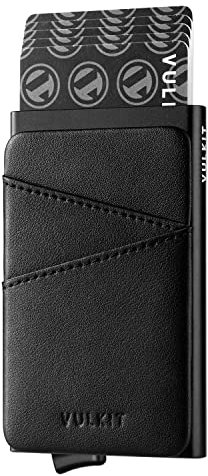 VULKIT Pop Up Porte Carte Bancaire Anti Piratage avec Fentes en Cuir Porte Carte Homme Slim RFID Porte Carte Métallique pour 5-9 Cartes, Noir