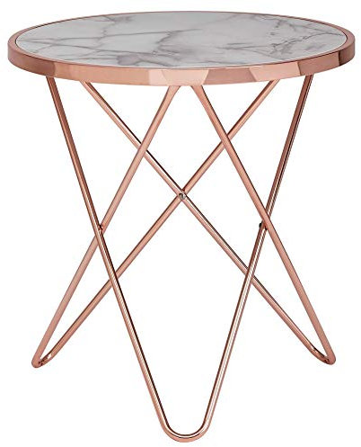möbelando Design Beistelltisch Marmor Optik Weiß Rund Ø55 cm Kupfer Metall-Gestell | Kleiner Wohnzimmertisch | Couchtisch