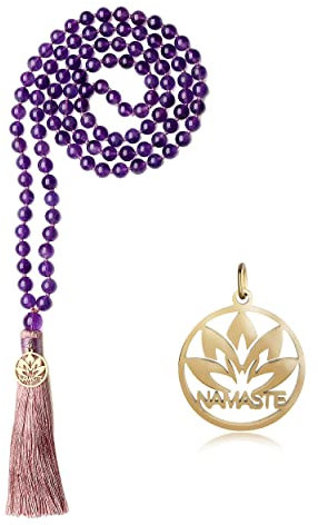 COAI Collana Mala 108 Grani di Pietra Dura Ametista con Nappa Rosa e Amuleto Namaste Fiore di Loto per Uomo e Donna