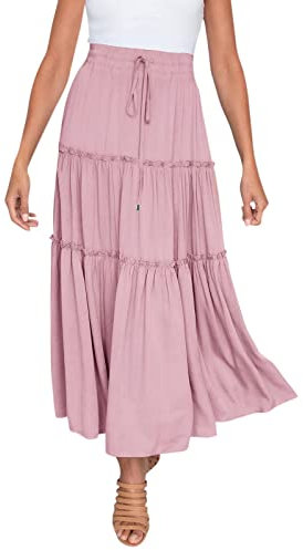 Gonne di jeans per le donne lunghezza al ginocchio elastico a vita alta Boho Maxi gonna a volant una linea altalena gonne lunghe plus size gonna scozzese, rosa, L