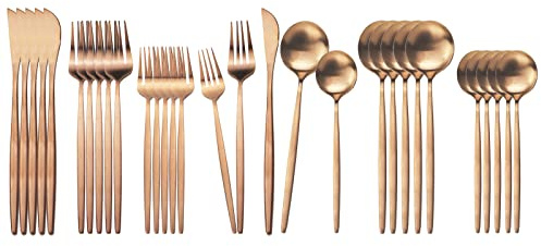 JASHII Besteck-Set, Edelstahl, satiniert, Besteck-Set, Service für 6, 30-teilige Löffel und Gabeln, Küchenutensilien-Set, spülmaschinenfest (mattes Roségold)