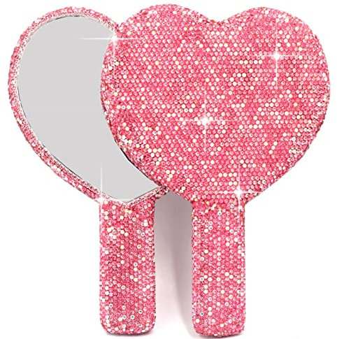 Bestbling Miroir de poche en forme de cœur en strass – Miroir de maquillage portable et éblouissant pour les retouches en déplacement (plastique rose)