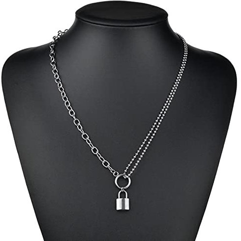 MENGQING Hip Hop Multi Layers Kette Halskette mit Herz Schloss Damen Herren Punk Rock Vorhängeschloss Anhänger Halskette Emo Grunge Gothic Schmuck X011 kleines Schloss