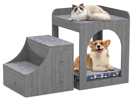 Hundetreppe Haustiertreppe 3 Stufen,27,6 Hoch rutschfeste Hunderampe mit Schublade,Katzentreppe mit Katzenloch,Waschbar Haustierleiter für Bett und Sofa,Schlafhöhle 2 in 1 praktische Hunderampe