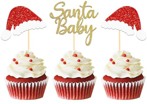 Moitkptt 24 Stück Glitzer Santa Baby Cupcake Toppers, erstes Jahr Weihnachten Tortendeko, Weihnachtsmütze Kuchen Deko für Weihnachten Baby Dusche, Babyshower, Geburtstagsparty Deko (Santa Baby-3)