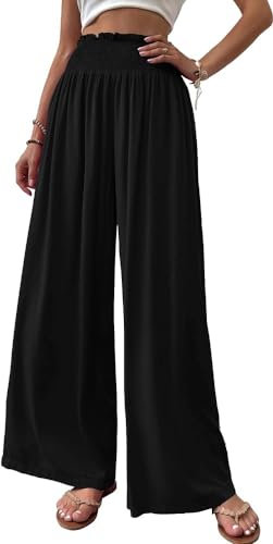 Cicy Bell Damen Hosen Gerade Locker Elastische Weite Beinhose Taille Palazzo Hose Mit Taschen Schwarz S