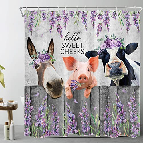 LB Bauernhaus Tier Duschvorhang 180x200cm(BxH) Esel, Schwein und Kuh Antischimmel Wasserdicht Badezimmer Vorhänge, Lila Blume Extra Lange Polyester Stoff Bad Vorhang mit Haken