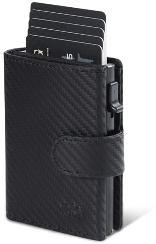 GSG Geldbörse Herren aus echtem Leder mit Münzfach RFID Schutz Trifold Klein Portmonee BrieftascheAutomatischem Pop-up für 10-12 Kreditkartenetui Schwarz Kohlefasermuster