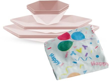 Platos Desechables - Kit de fiestas - 12 platos hexagonales de 26 cm, 12 hexagonales de 21 cm, 6 bowls y un mantel - Fabricado con Caña de Azúcar - Color: Rosa - Aktual