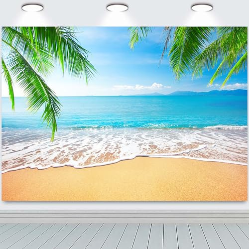 Hnmdmyi 2.1x1.5m Fotohintergrund Strand Sommer Tropische Palmenblätter Seaside Island Blau Meer Himmel Fotografie Hintergrund Hochzeit Braut Dusche Baby Shower Geburtstag Luau Party Dekorationen