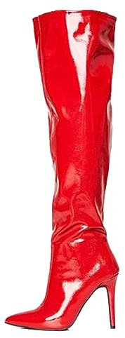 Stivali sopra il ginocchio da donna Stivali a spillo in pelle verniciata lucida con punta a punta Stivali classici alla coscia tinta unita con cerniera laterale 12 cm per feste in discoteca (Rosso 4
