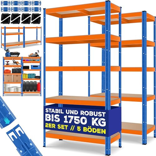 MASKO® 2er-Set Lagerregal Schwerlastregal, Kellerregal, 180x90x40cm, bis 875 kg belastbar, 5 verstellbare Ablagen, MDF-Platten Regal aus Metall, Steckregal, Werkstattregal, Keller, Garage Orange-Blau