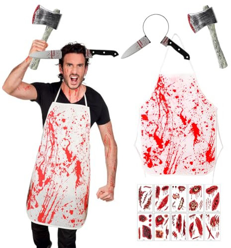 Sprinlot Halloween Horror Schürze, 4 Stück Halloweenkostüm Set, Messer Haarband mit Blutige, Zombie Kostüm Damen, Horror Accessoires Kostüm Halloween Karneval