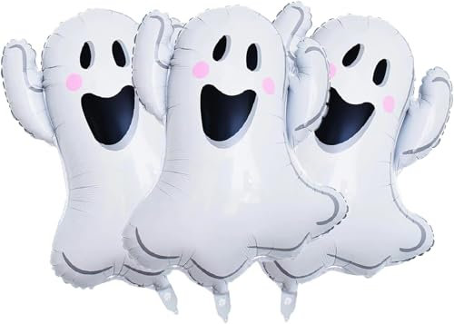 3 Stück Geister Luftballons, Halloween Folienballon Gespenst, Halloween Deko Luftballons Helium Ballon Geist Party Luftballons, Weiß Geister Ballon für Halloween Geisterparty Maskeraden Dekoration