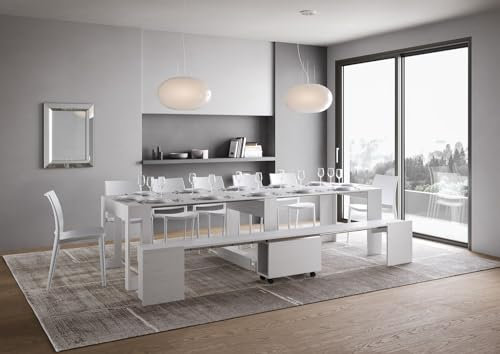 IMAGO FACTORY Lover - Console extensible avec banc inférieur, table extensible salle à manger (jusqu'à 302 cm) meuble console entrée moderne, table cuisine fabriquée en Italie (blanc frêne)