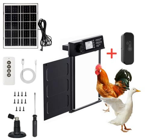 Porte Poulailler Automatique Solaire avec Batterie 5000mAh et Télécommande - en Aluminium - 7 Modes d'ouverture - Etanche IP45 - Sécurisé avec Alarme - Thermomètre/hygromètre connecté Inclus