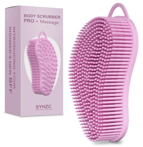SYHZC Exfoliating Silicone Body Scrubber Pro 2-in-1 Shower Scrubber for Body, Silicone Bath Loofah and Body Massager (Pink)