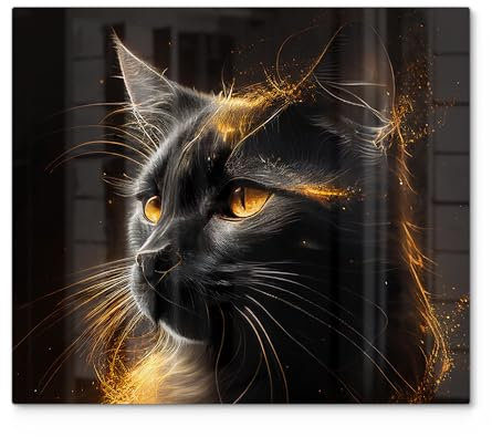 DEQORI Herdabdeckplatte Glas | einteilig 60x52 cm | Motiv Goldener Katzenglanz | Ceranfeld Abdeckplatte für Küche | Herd-Abdeckung universal | Glasplatte & Schneidebrett für Kochplatten