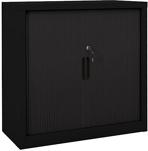 Hommdiy Schiebetürenschrank 90x40x90cm Stahl Sideboard Schrank Rolltür Büroschrank Aktenschrank Büromöbel Metallschrank Stahlschrank Schwarz