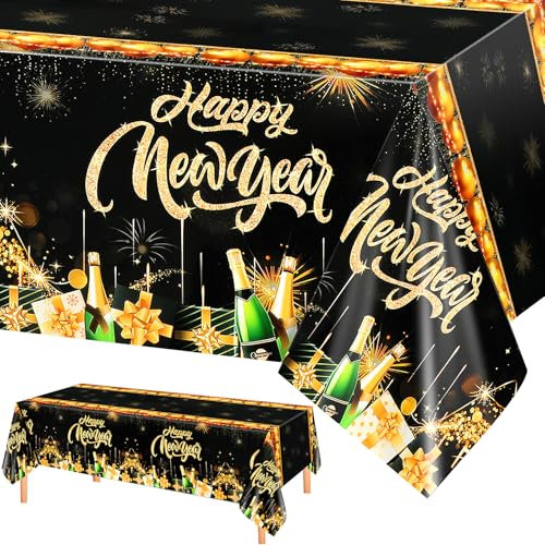 PHOGARY Silvester Tischdecke Silvester Deko 2025, Neujahr Silvesterdeko für Happy New Year 2025 Tischdekorationen, Silvester Tischdeko, Deko Schwarz Gold-Tischdecken, New Years Eve Decoration