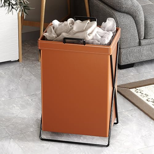 XGQXZWC Wäschekorb, Wäschesammler, Laundry Baskets mit X-Rahmen und Metallständer, Zusammenklappbarer Wäschekorb mit Deckel und Griff, Ledermaterial, Bodenstehender Wäschekorb für Badezimmer(Orange)
