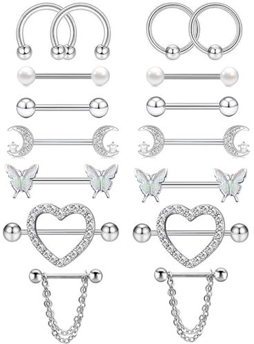 Hernin 8 Paar 14G Nippelpiercing Chirurgenstahl für Damen Brustwarzenpiercing Set Edelstahl Nippel Piercing Herz Piercing Körperschmuck für Frauen Mädchen